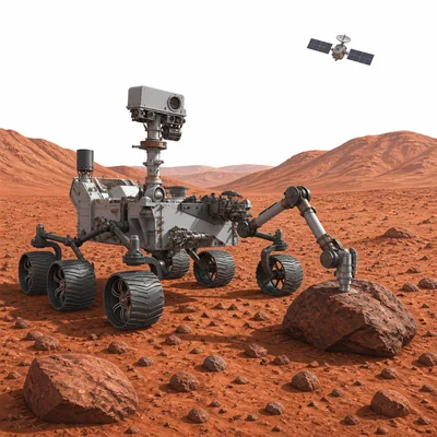 A robotic rover exploring the rocky surface of Mars.