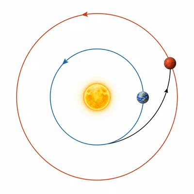 A diagram of Earth, Mars, and a curved spacecraft path between their orbits.