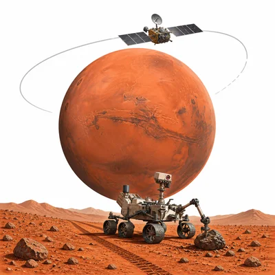 An orbiter circling Mars while a rover studies the surface.