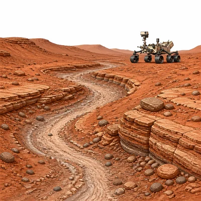 A dry ancient river channel and layered rocks on Mars.
