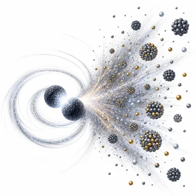 Two neutron stars merge and eject neutron-rich material where heavy nuclei form.