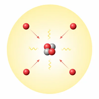 Four hydrogen nuclei fuse into a helium nucleus in a star core, releasing energy.