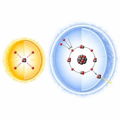 Side-by-side diagram of proton-proton fusion in a smaller star and a catalytic fusion cycle in a hotter massive star.