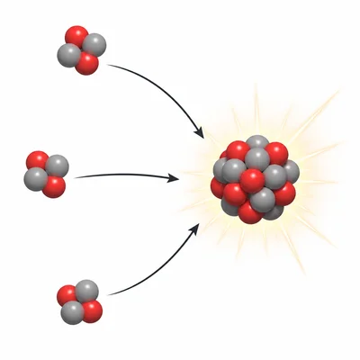 Three helium nuclei combine into a carbon nucleus in the triple-alpha process.
