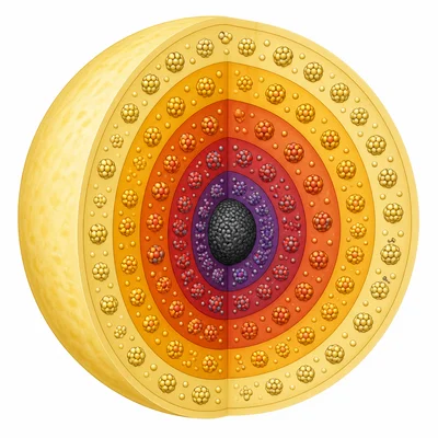 Cutaway of a massive star showing onion-like concentric fusion layers around a dense core.