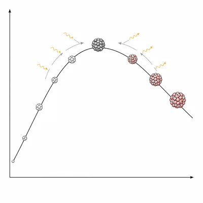 Unlabeled binding energy curve peaking near a medium-mass nucleus, showing energy release toward the peak.