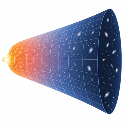 Diagram of the universe expanding from a hot dense early state into a larger cooler universe with galaxies.