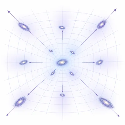 Galaxies on a space grid separate with increasingly long arrows, representing accelerated expansion.