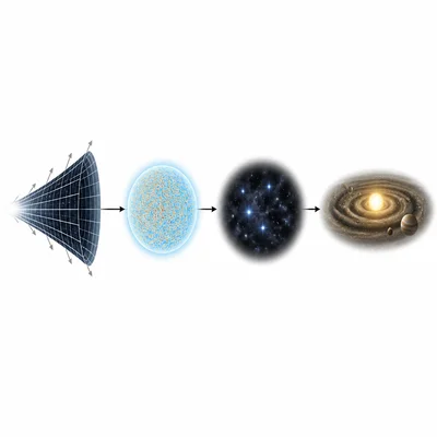 Unlabeled sequence of early expansion, background radiation, first stars, and solar system formation.