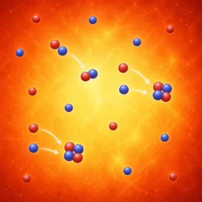 Protons and neutrons combine into simple hydrogen and helium nuclei in the hot early universe.