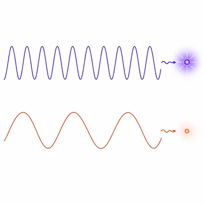 Short-wavelength light shown with a brighter photon and long-wavelength light shown with a dimmer photon.