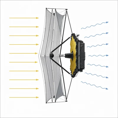 JWST sunshield blocking sunlight so the mirror and instruments remain cold for infrared observations.