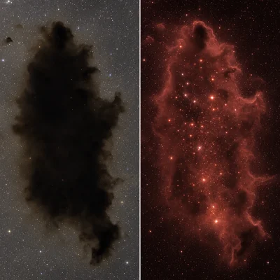 Visible light view of a dusty star-forming cloud compared with infrared view revealing hidden young stars.