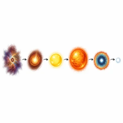 Sequence showing the life cycle of a Sun-like star from gas cloud to white dwarf.