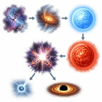 Sequence showing the life cycle of a massive star ending in a neutron star or black hole.