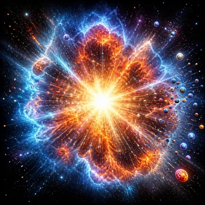 A massive star exploding as a supernova and spreading material into space.