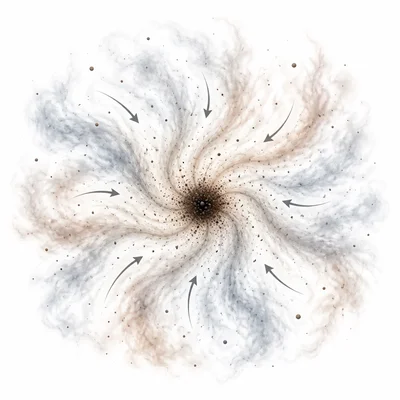 Gas and dust in a nebula being pulled inward toward a central clump.