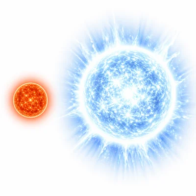 A small dim star compared with a much larger bright massive star.