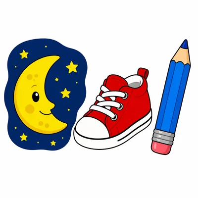 A moon, a shoe, and a pencil.
