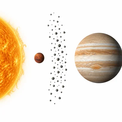 Asteroid belt shown between Mars and Jupiter.