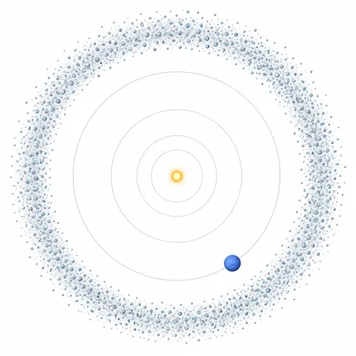 Kuiper Belt shown as a broad icy ring beyond Neptune's orbit.