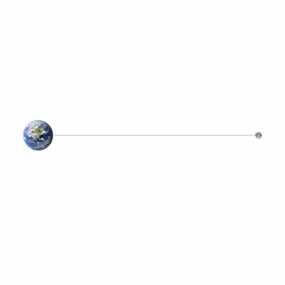 Earth and Moon shown with a large gap between them compared with their sizes.