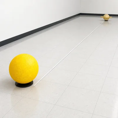 Classroom scale model with Saturn placed far from the Sun along a floor line.