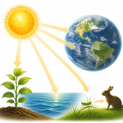 Sunlight reaching Earth and supporting plants and animals.