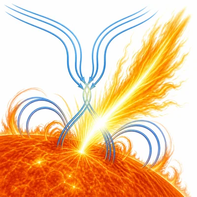 Twisted magnetic field lines releasing energy as a solar flare.