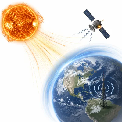 Solar activity affecting a satellite and communication signals near Earth.