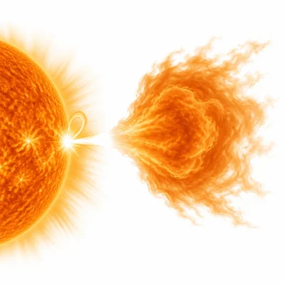 A solar flare shown as a bright flash and a coronal mass ejection shown as a plasma cloud.