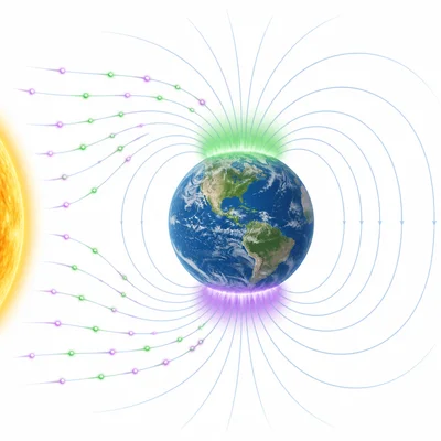 Charged particles following Earth’s magnetic field lines to create auroras near the poles.
