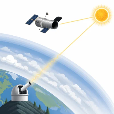 A ground telescope and a space telescope observing the Sun, with the spacecraft above the atmosphere.