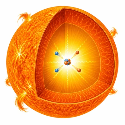 Particles combining in the Sun’s core and releasing energy.