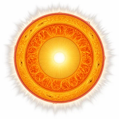 Cross-section of the Sun showing its layers from core to corona.