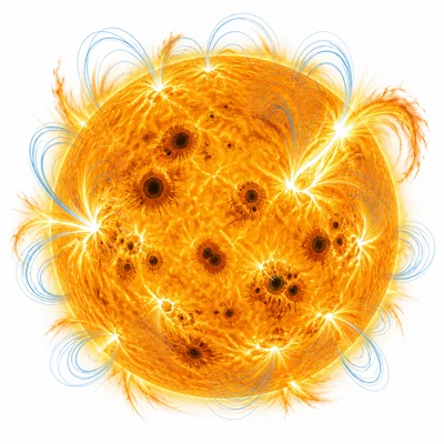 A highly active Sun with many sunspots and flares.