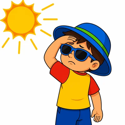 A child protecting their eyes from the Sun.