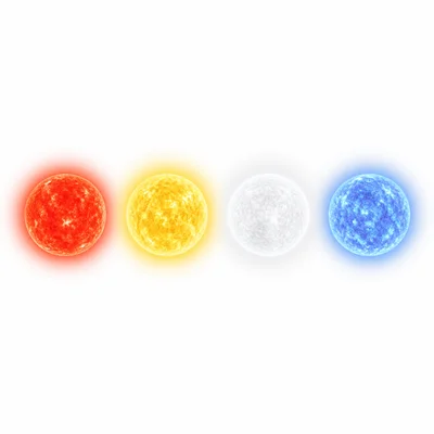 Four stars colored red, yellow, white, and blue arranged from coolest to hottest.