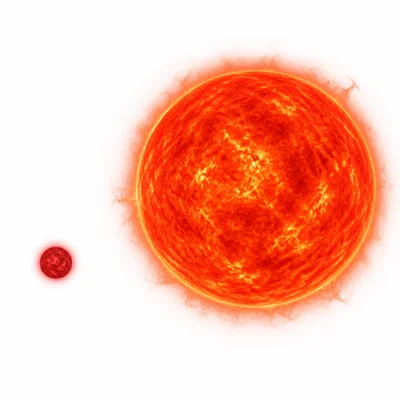 A small red dwarf compared with a much larger red giant.