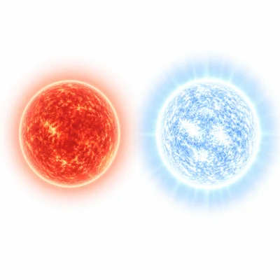A reddish star compared with a hotter-looking blue-white star.