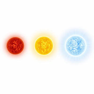 Three stars arranged from red dim to yellow medium-bright to blue very bright.