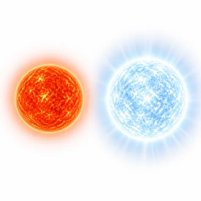 A red-orange star compared with a brighter blue-white star.