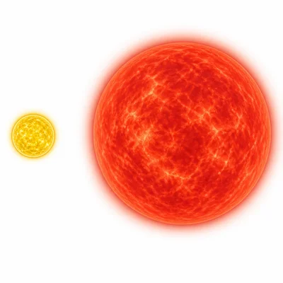 A smaller yellow main sequence star beside a much larger red giant star.