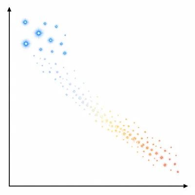 An unlabeled H-R diagram with bright blue stars in the upper-left region.
