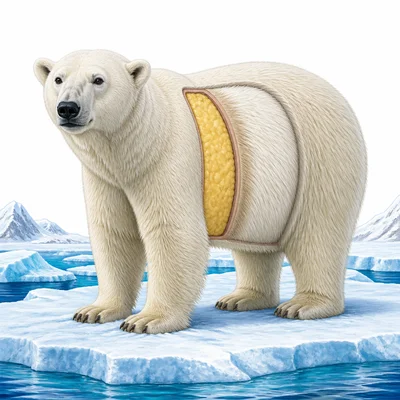 Polar bear on Arctic ice with a cutaway showing thick fur and fat layer.