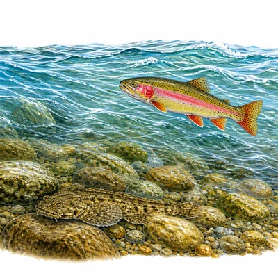 Flat fish near rocks in fast water and a bright fish visible in the current.