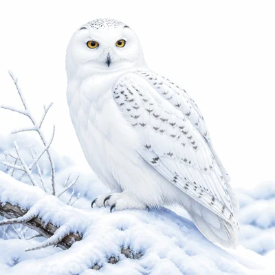 White snowy owl blending into a snowy habitat.
