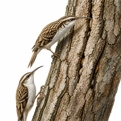 Long-beaked bird reaching insects inside cracks in tree bark.
