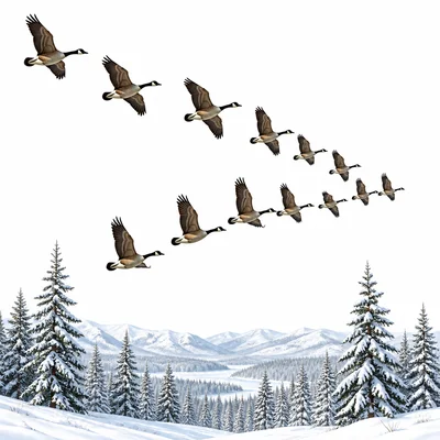 Flock of birds migrating over a snowy winter landscape.