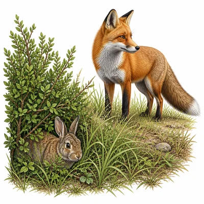 Rabbit freezing in grass while a fox is nearby.